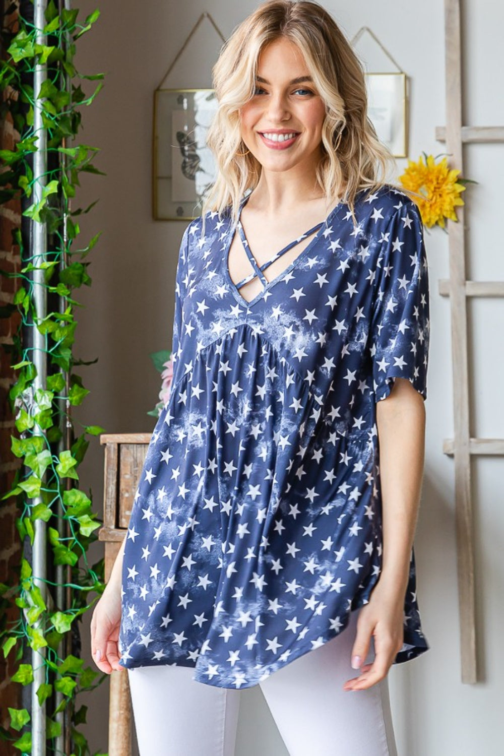 Heimish Full Size Short Sleeve Crisscross Star Babydoll Top - RebelReine Apparel & Co.