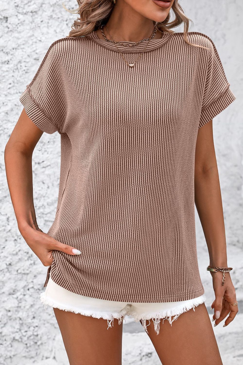 Striped Round Neck Short Sleeve T-Shirt - RebelReine Apparel & Co.