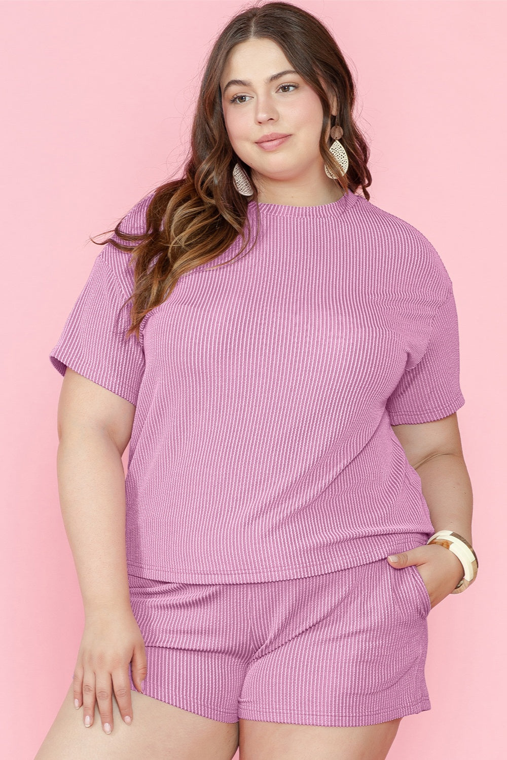 Plus Size Round Neck Short Sleeve Top and Shorts Set - RebelReine Apparel & Co.