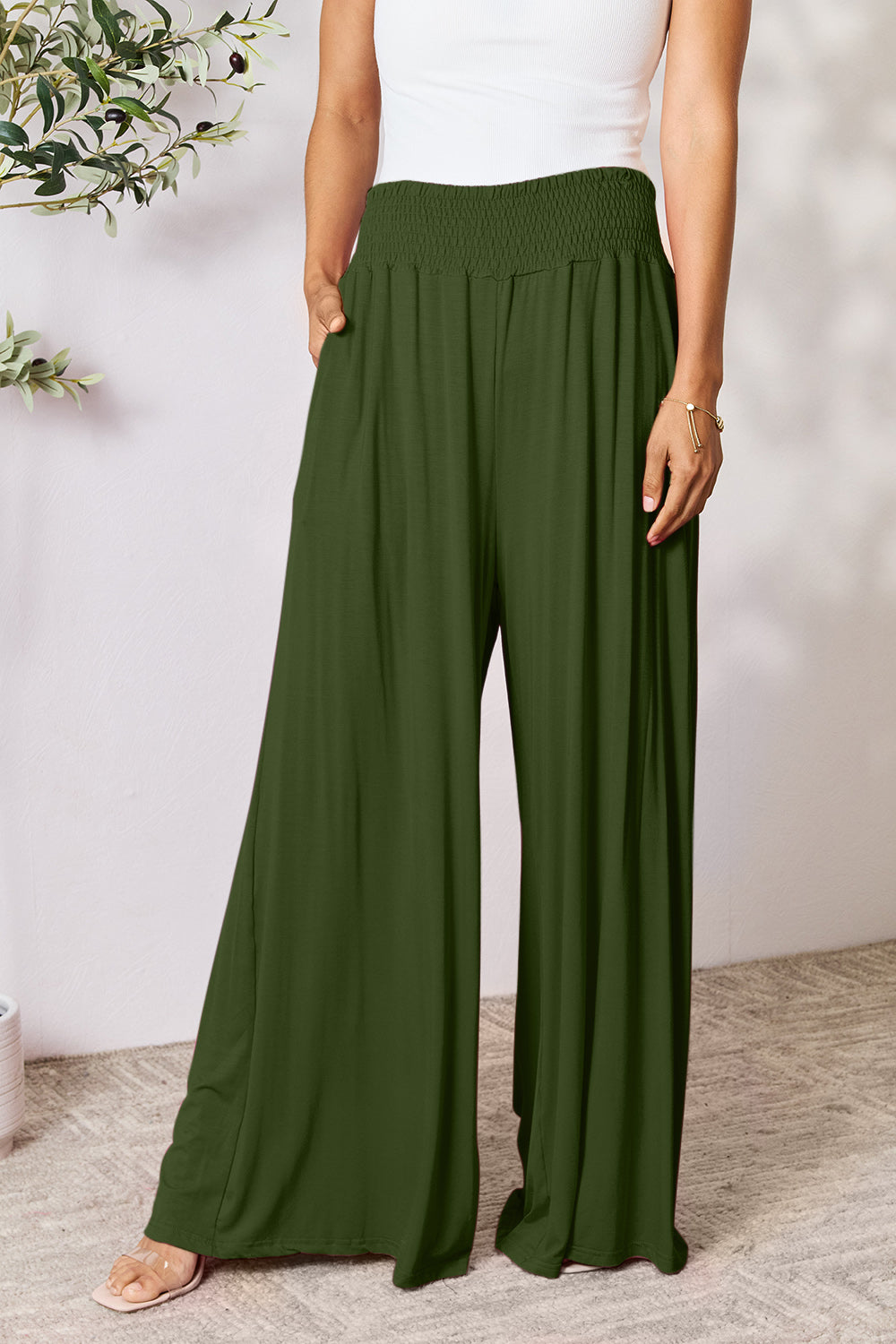 Double Take Full Size Smocked Wide Waistband Wide Leg Pants - RebelReine Apparel & Co.