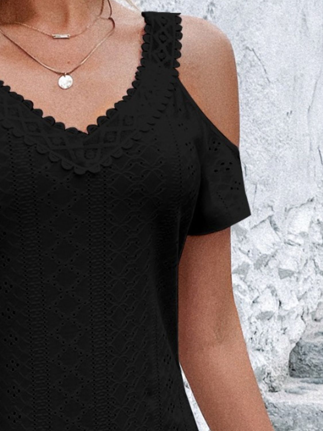 Eyelet V-Neck Cold Shoulder Mini Dress - RebelReine Apparel & Co.