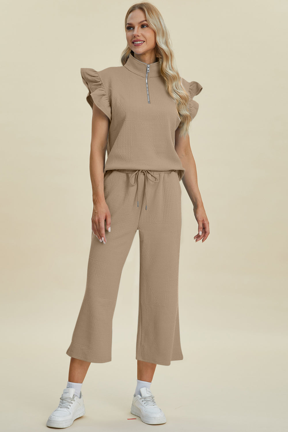 Double Take Full Size Texture Ruffle Short Sleeve Top and Wide Leg Pants Set - RebelReine Apparel & Co.