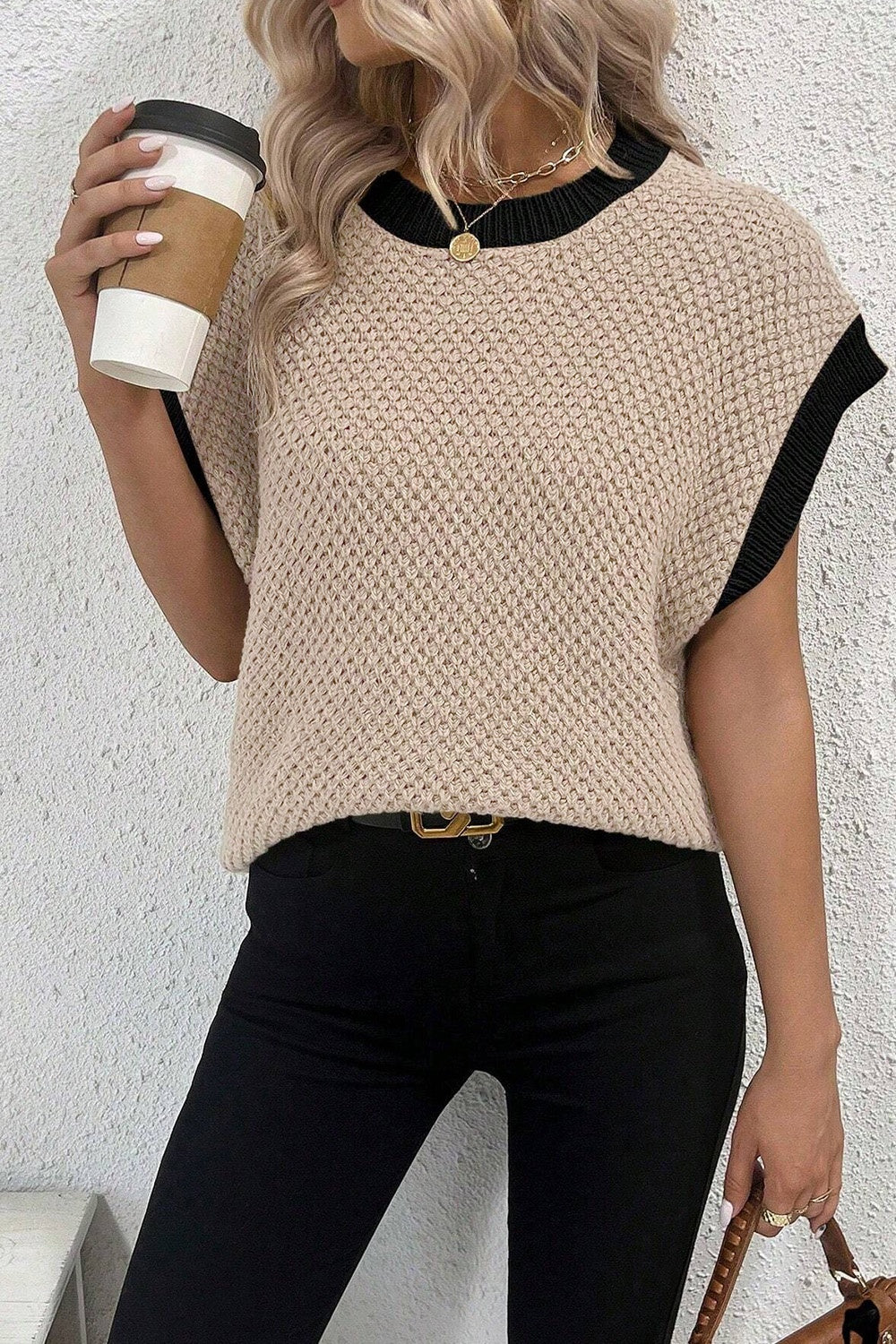 Contrast Round Neck Cap Sleeve Knit Top - RebelReine Apparel & Co.