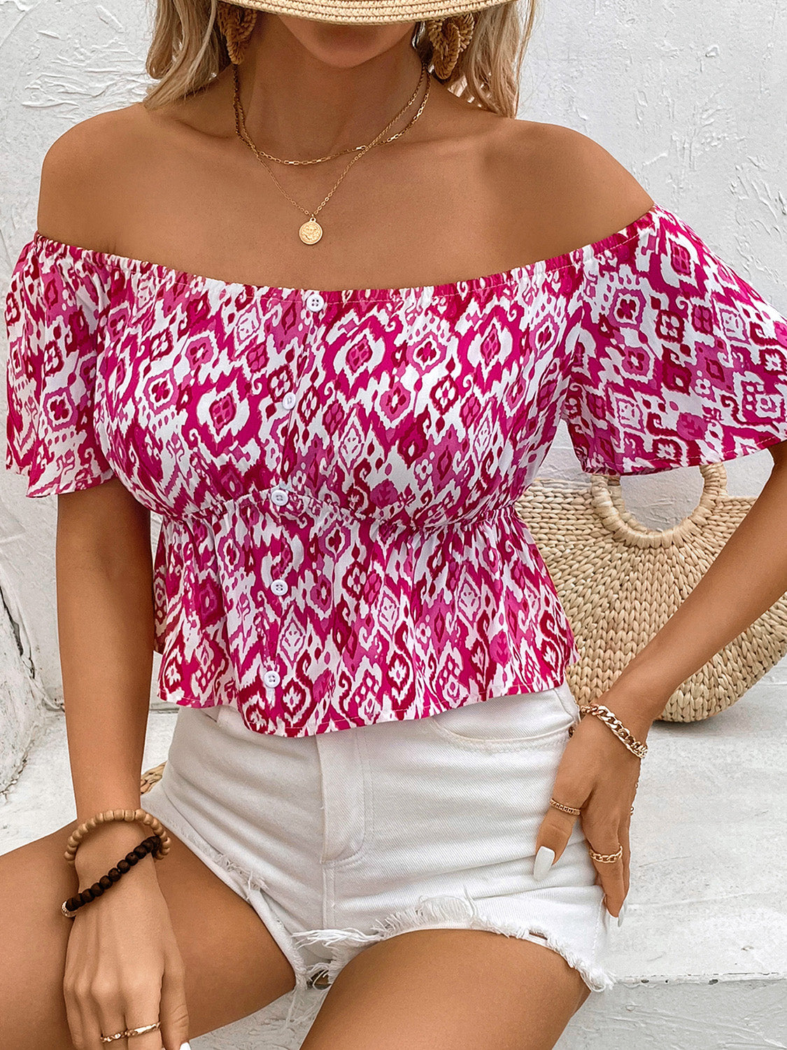 Peplum Printed Off-Shoulder Short Sleeve Blouse - RebelReine Apparel & Co.