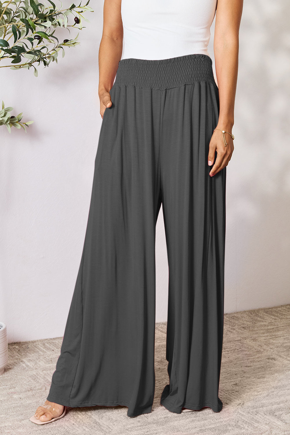 Double Take Full Size Smocked Wide Waistband Wide Leg Pants - RebelReine Apparel & Co.