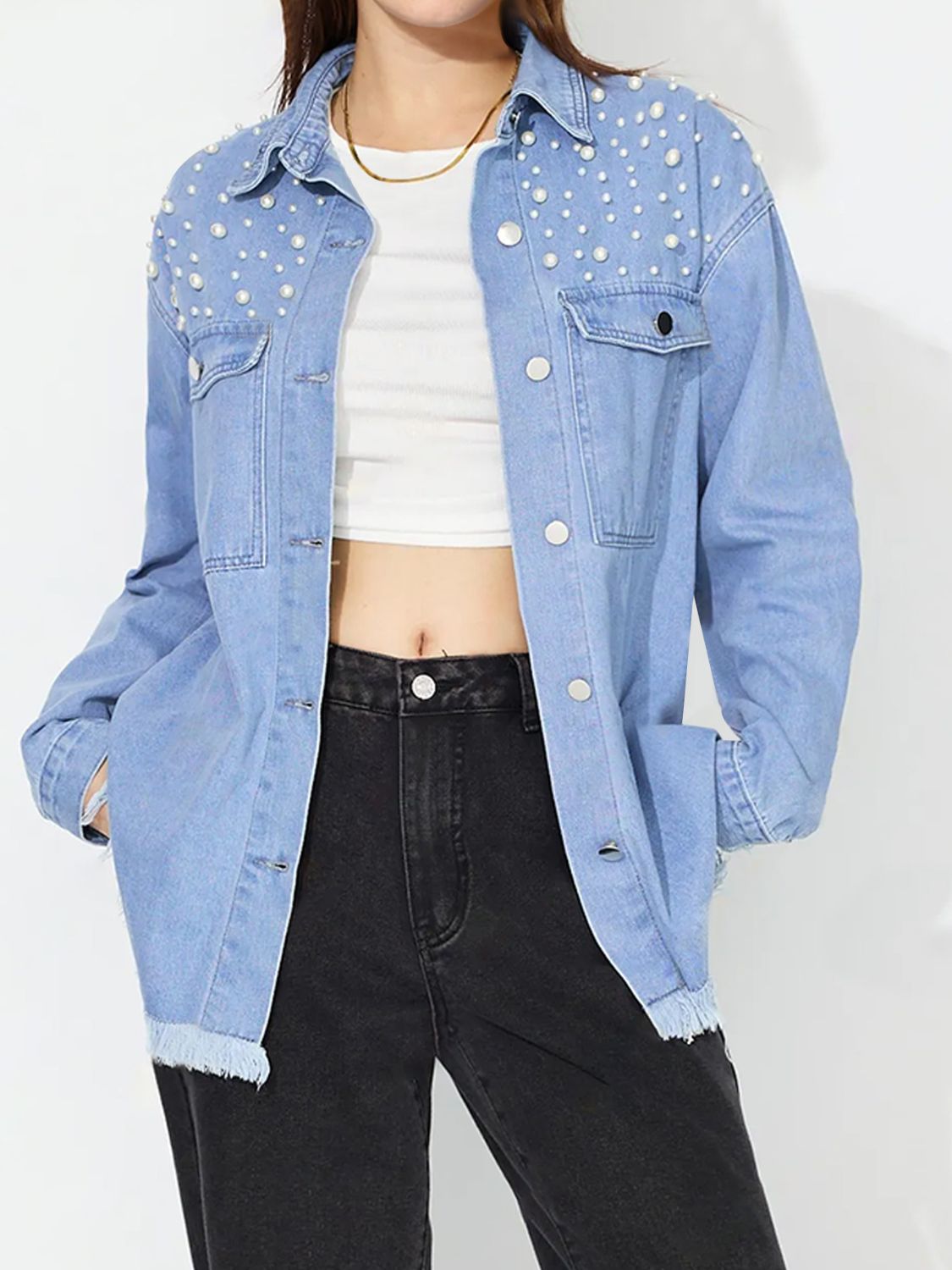 Raw Hem Pearl Trim Collared Neck Denim Top