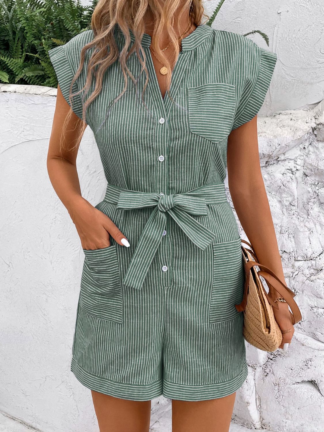 Striped Notched Tie Waist Romper - RebelReine Apparel & Co.