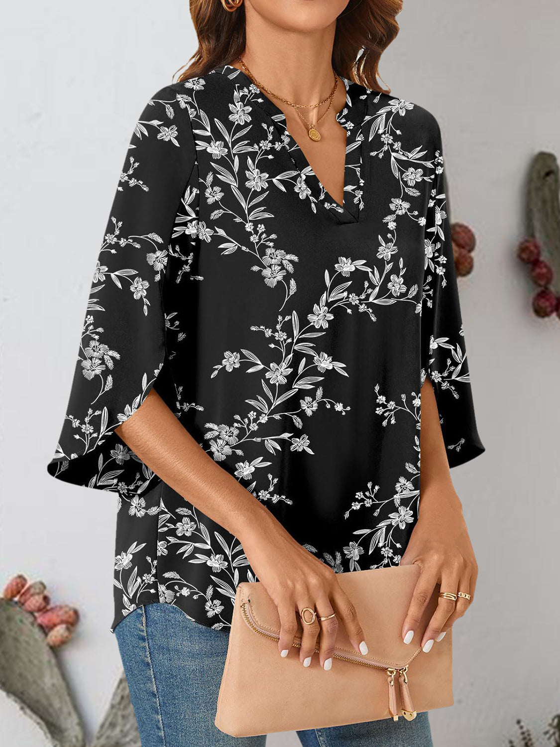 Notched Slit Half Sleeve Blouse - RebelReine Apparel & Co.