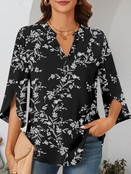 Notched Slit Half Sleeve Blouse - RebelReine Apparel & Co.