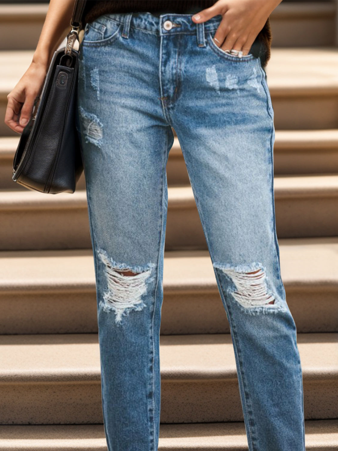 Distressed Raw Hem Jeans with Pockets - RebelReine Apparel & Co.