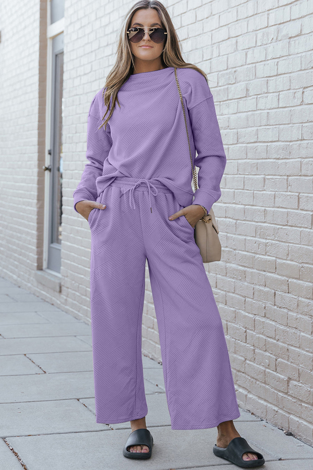 Double Take Full Size Textured Long Sleeve Top and Drawstring Pants Set - RebelReine Apparel & Co.