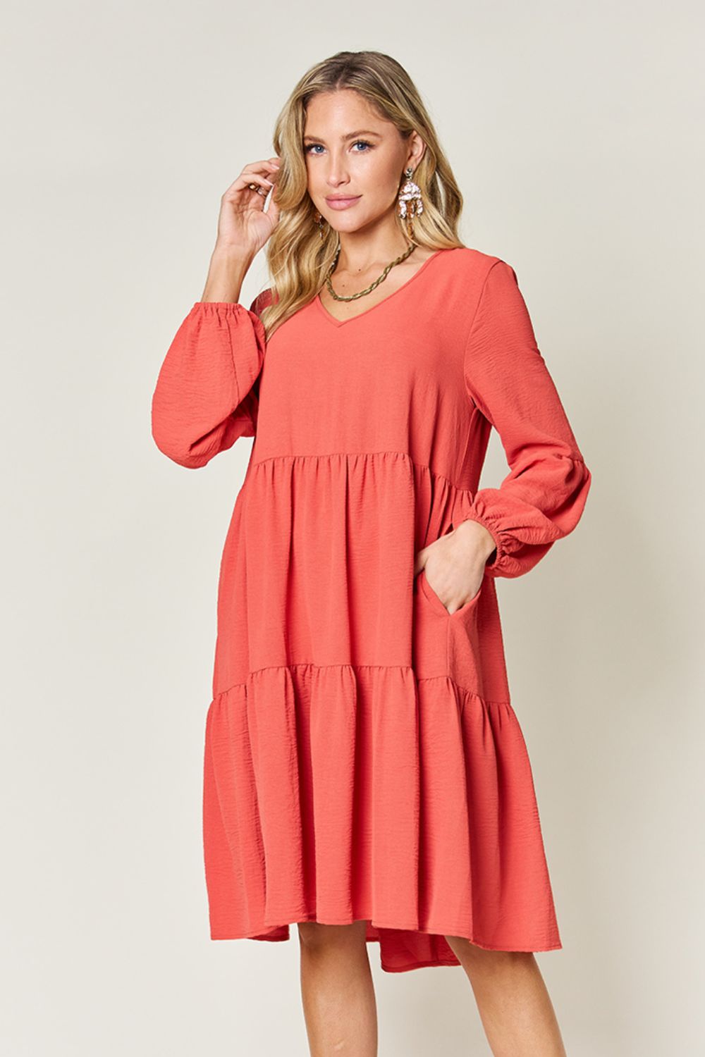 Double Take Full Size V-Neck Balloon Sleeve Tiered Dress - RebelReine Apparel & Co.