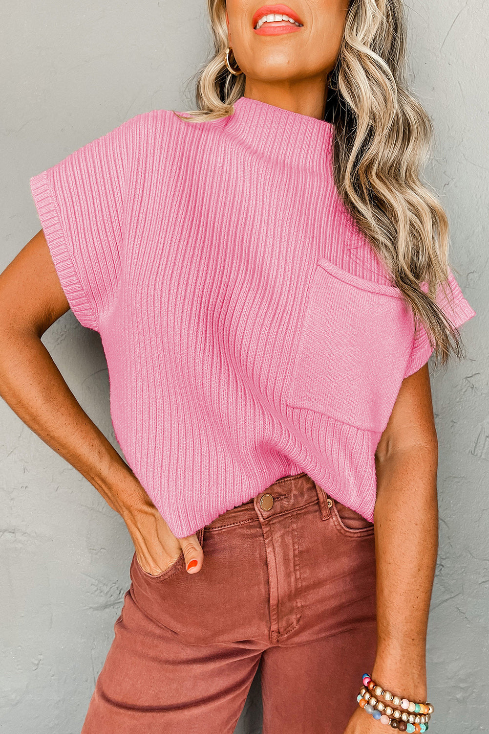 Pink Patch Pocket Ribbed Knit Short Sleeve Sweater - RebelReine Apparel & Co.