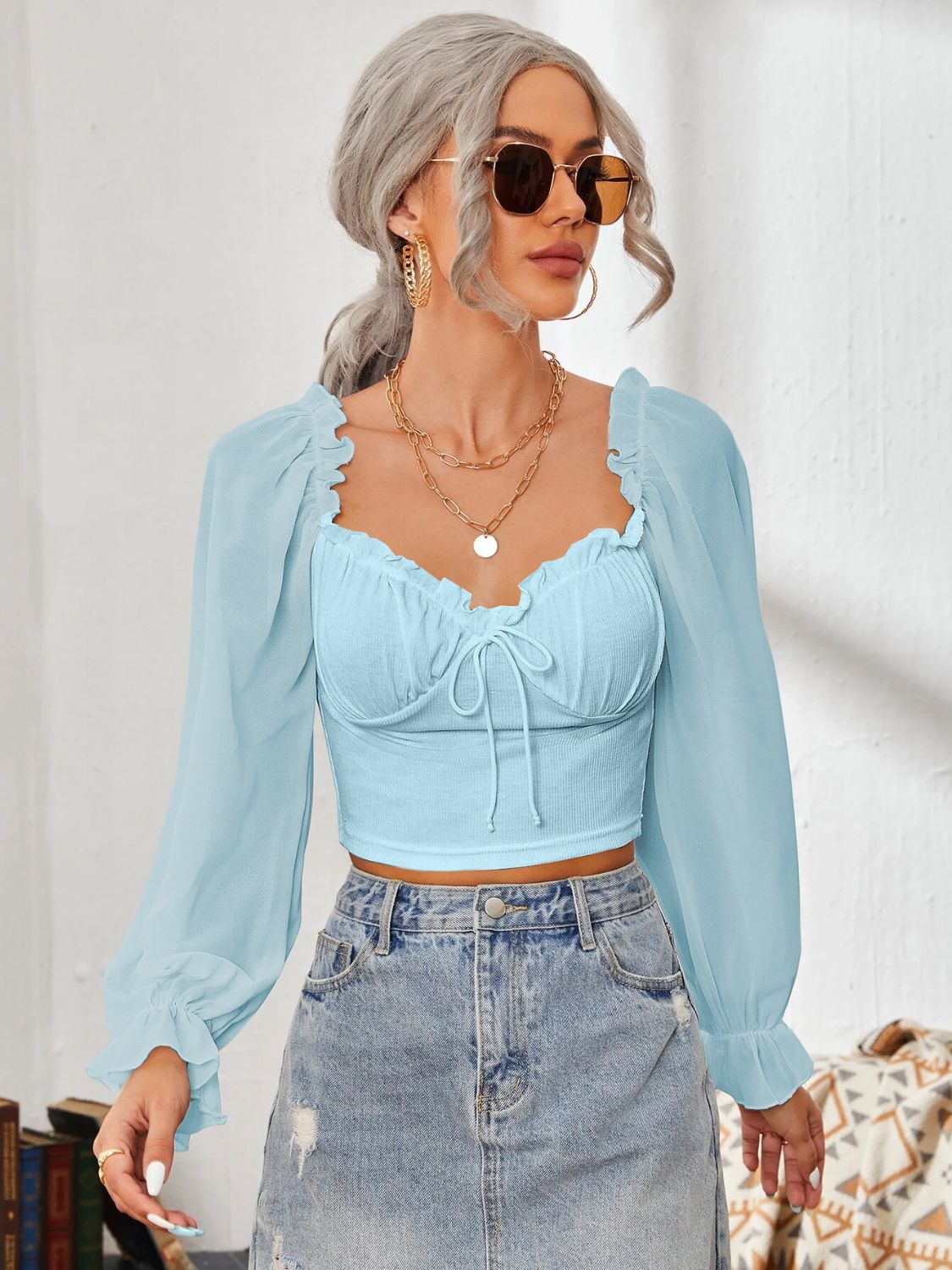 Mesh Sweetheart Neck Flounce Sleeve Top - RebelReine Apparel & Co.