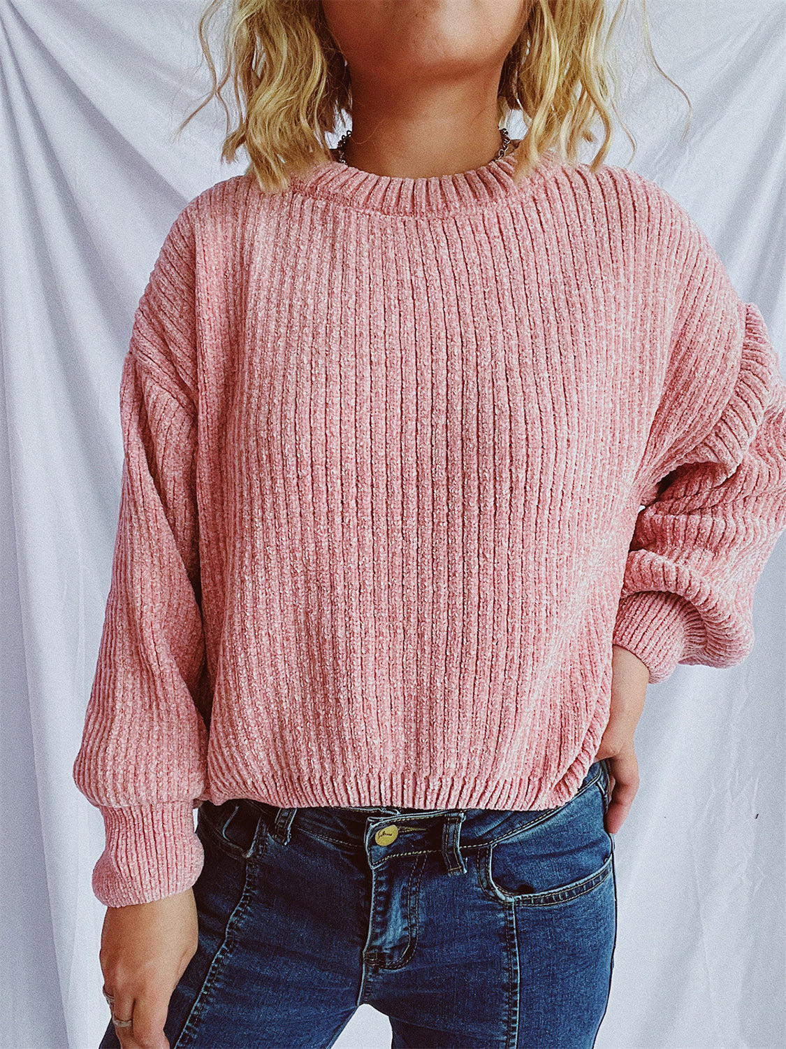 Round Neck Dropped Shoulder Long Sleeve Sweater