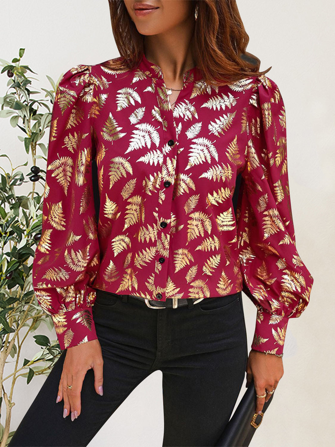 Printed Notched Long Sleeve Shirt - RebelReine Apparel & Co.