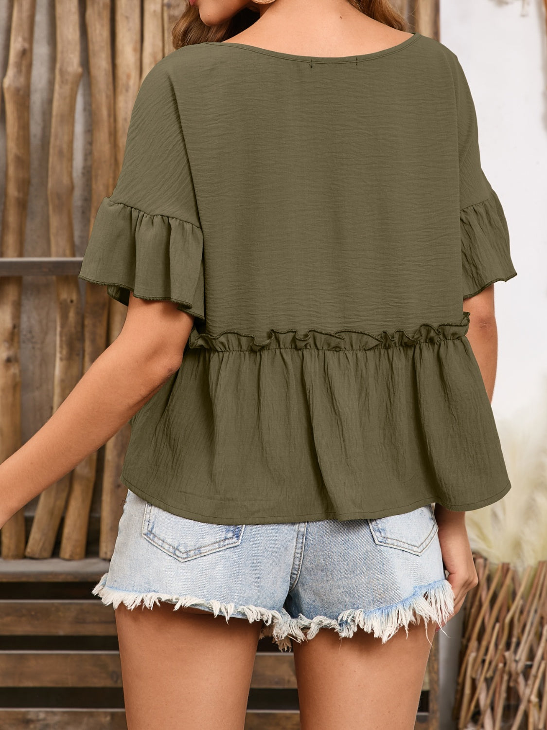 Frill Decorative Button Round Neck Half Sleeve Blouse - RebelReine Apparel & Co.