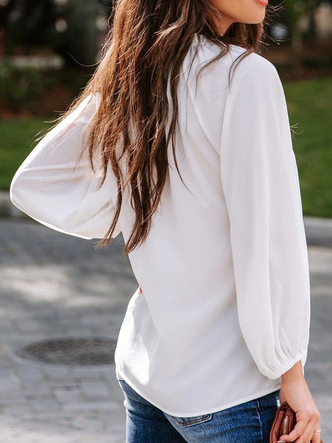 Notched Neck Long Sleeve Blouse - RebelReine Apparel & Co.