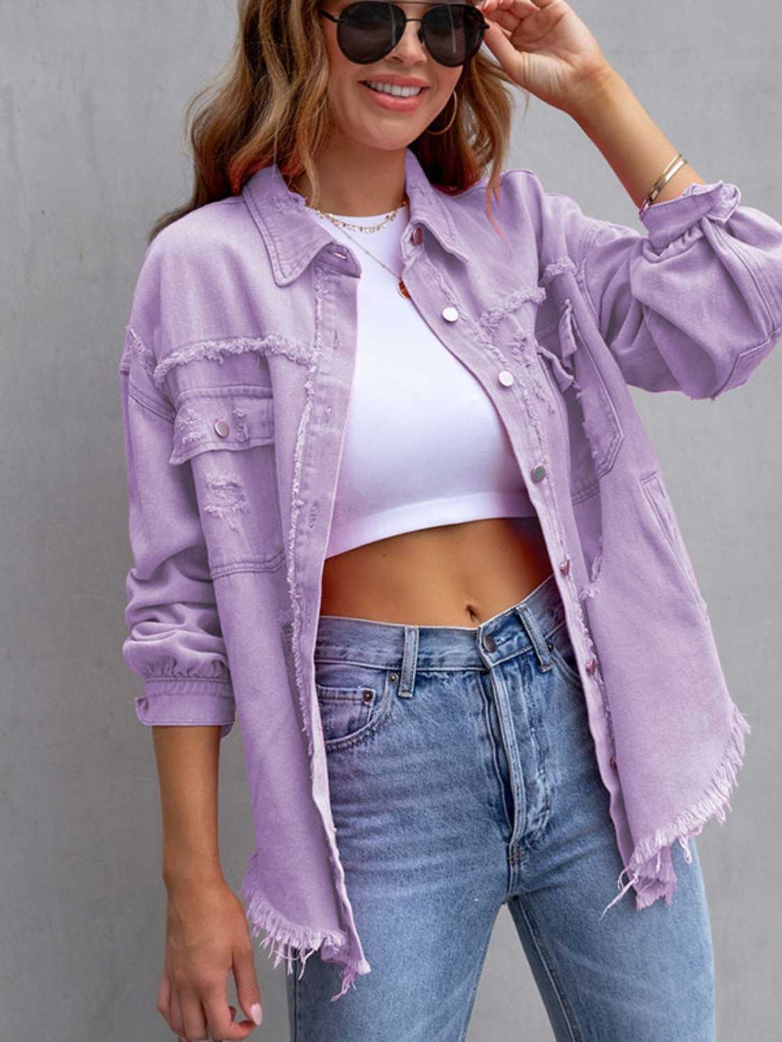 Distressed Drop Shoulder Denim Jacket - RebelReine Apparel & Co.