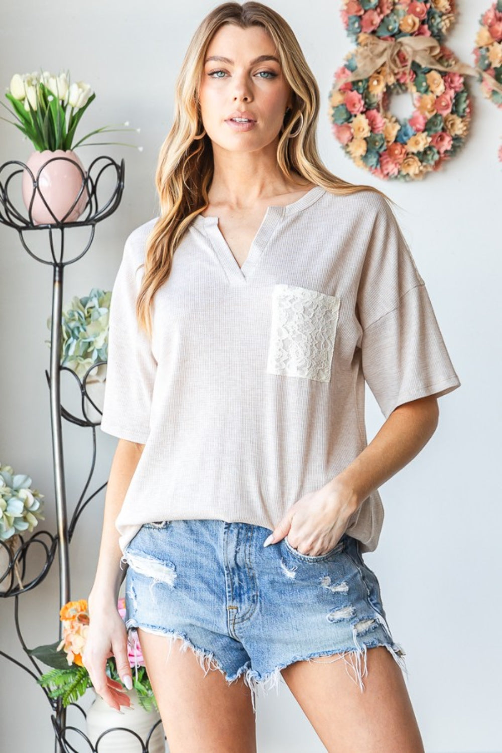 Heimish Full Size Lace Front Pocket Drop Shoulder Top - RebelReine Apparel & Co.