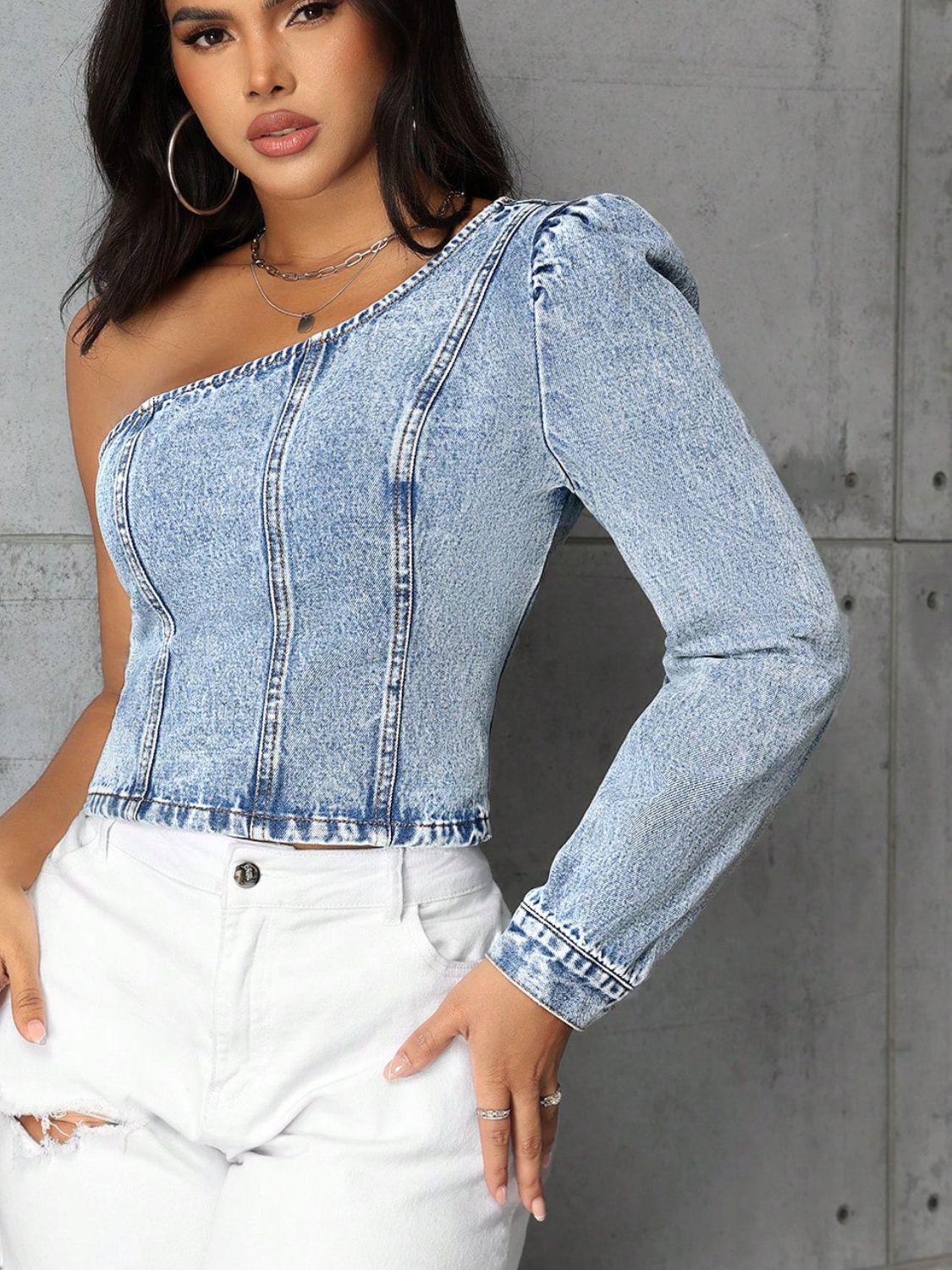 One Shoulder Long Sleeve Denim Top - RebelReine Apparel & Co.