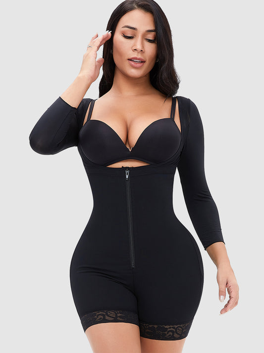 Full Size Zip Up Lace Detail Long Sleeve Shapewear - RebelReine Apparel & Co.