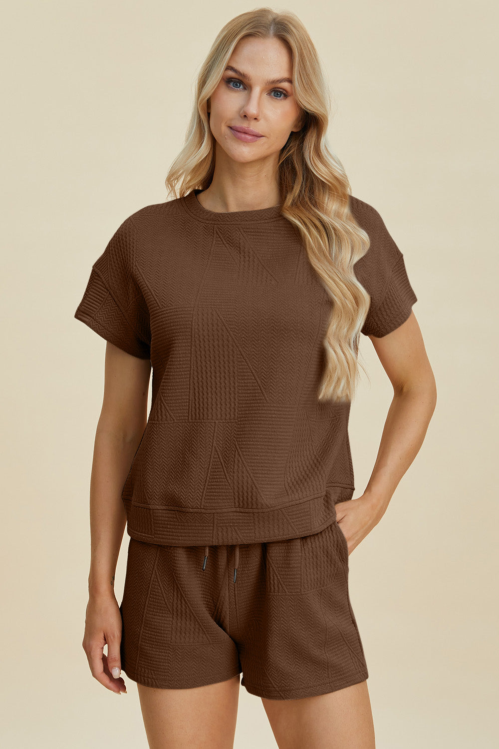 Double Take Full Size Texture Short Sleeve Top and Shorts Set - RebelReine Apparel & Co.