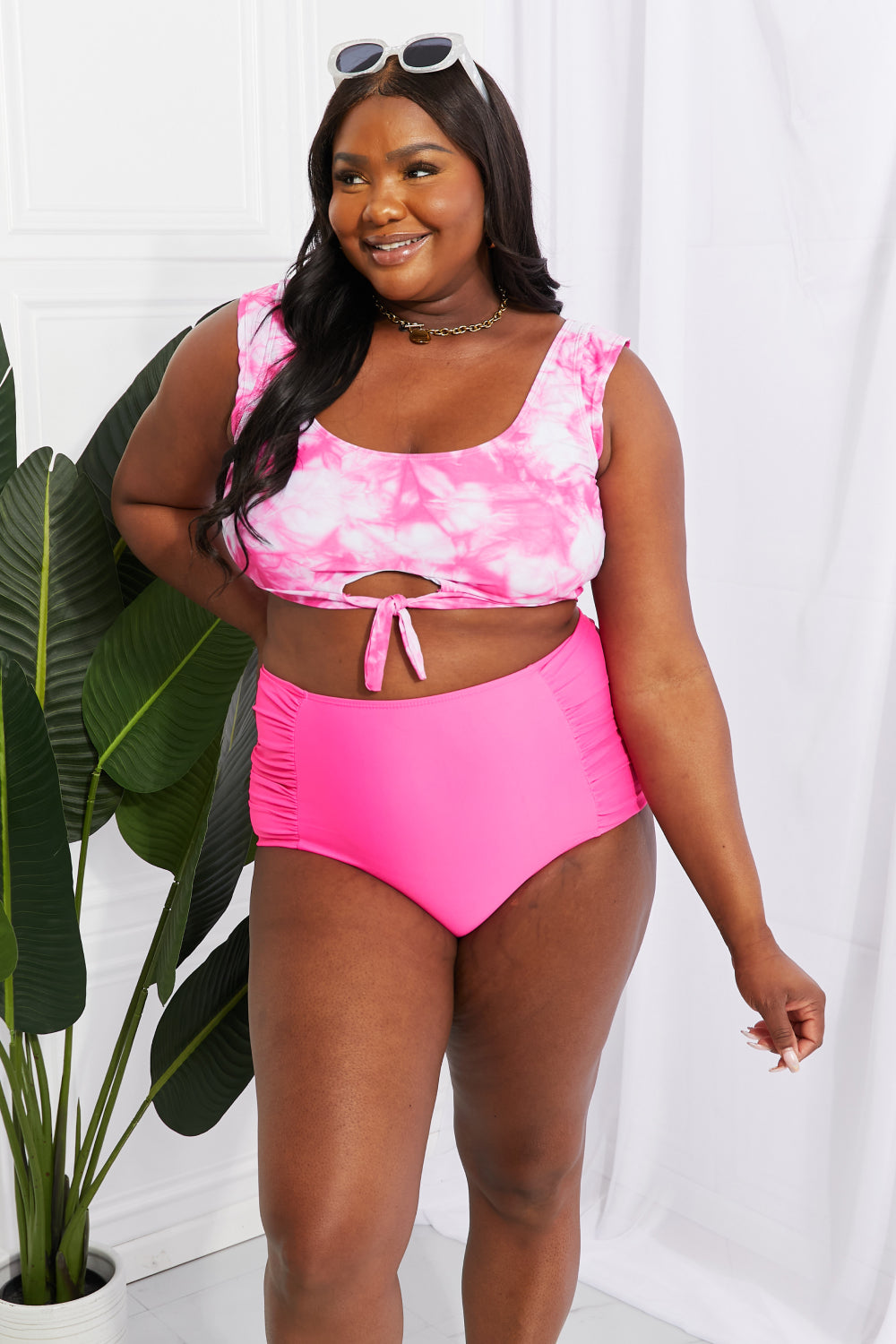 Marina West Swim Sanibel Crop Swim Top and Ruched Bottoms Set in Pink - RebelReine Apparel & Co.