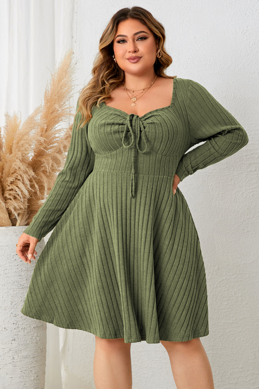 Plus Size Sweetheart Neck Long Sleeve Ribbed Dress - RebelReine Apparel & Co.