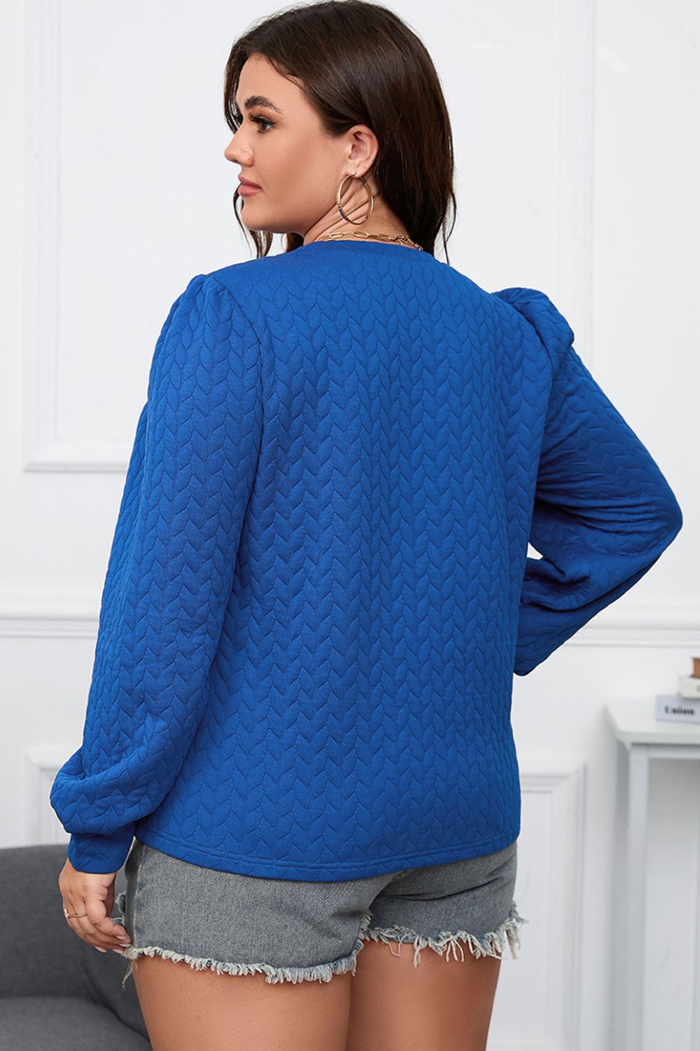 Plus Size Textured Round Neck Long Sleeve Top - RebelReine Apparel & Co.