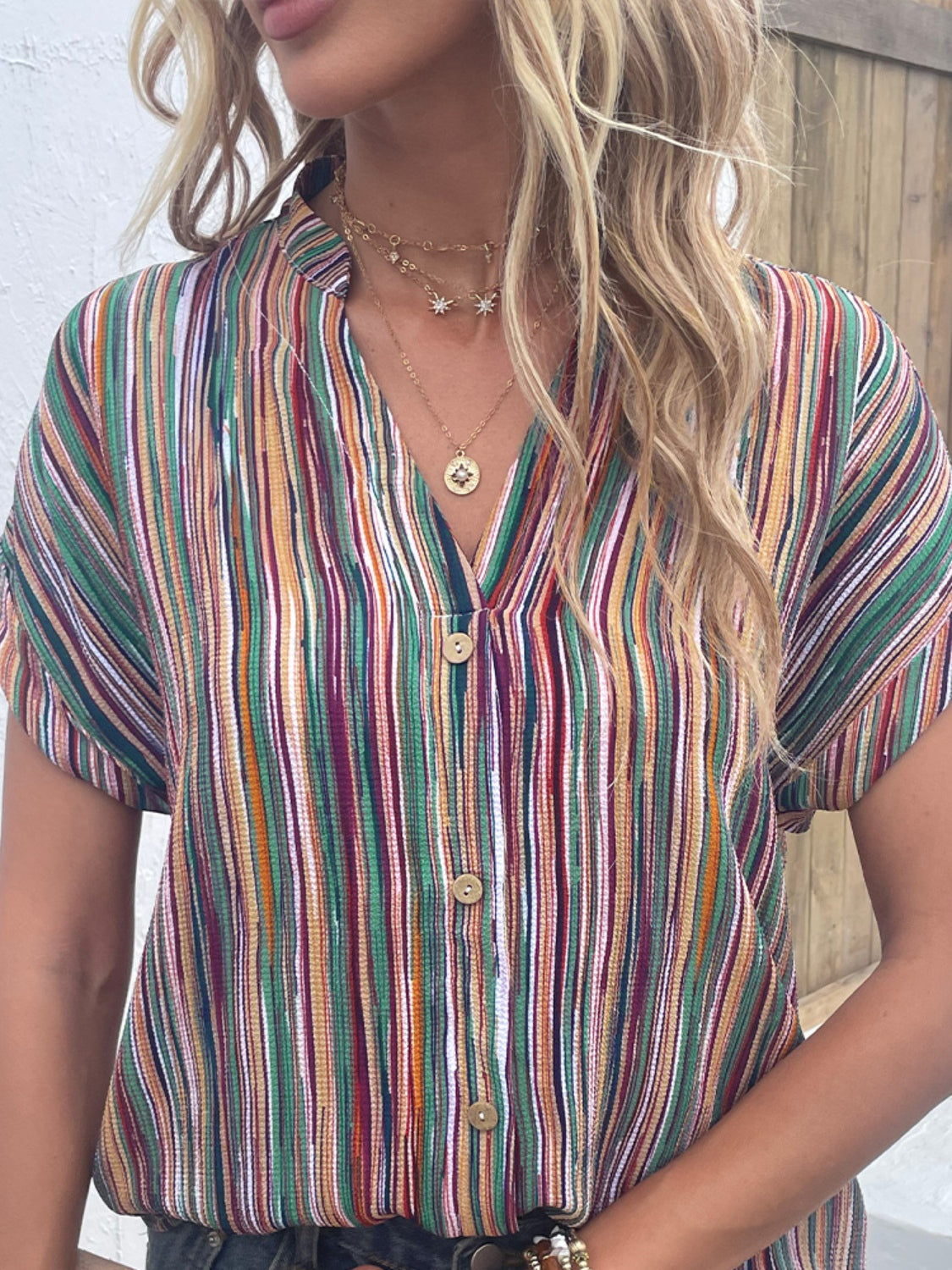 Striped Notched Short Sleeve Blouse - RebelReine Apparel & Co.