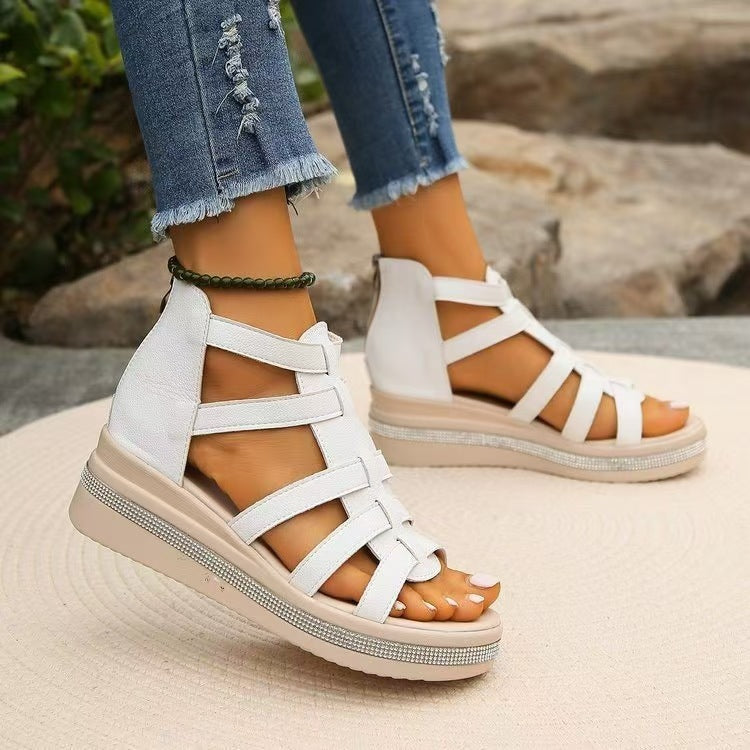 Cutout Rhinestone Trim Wedge Sandals - RebelReine Apparel & Co.