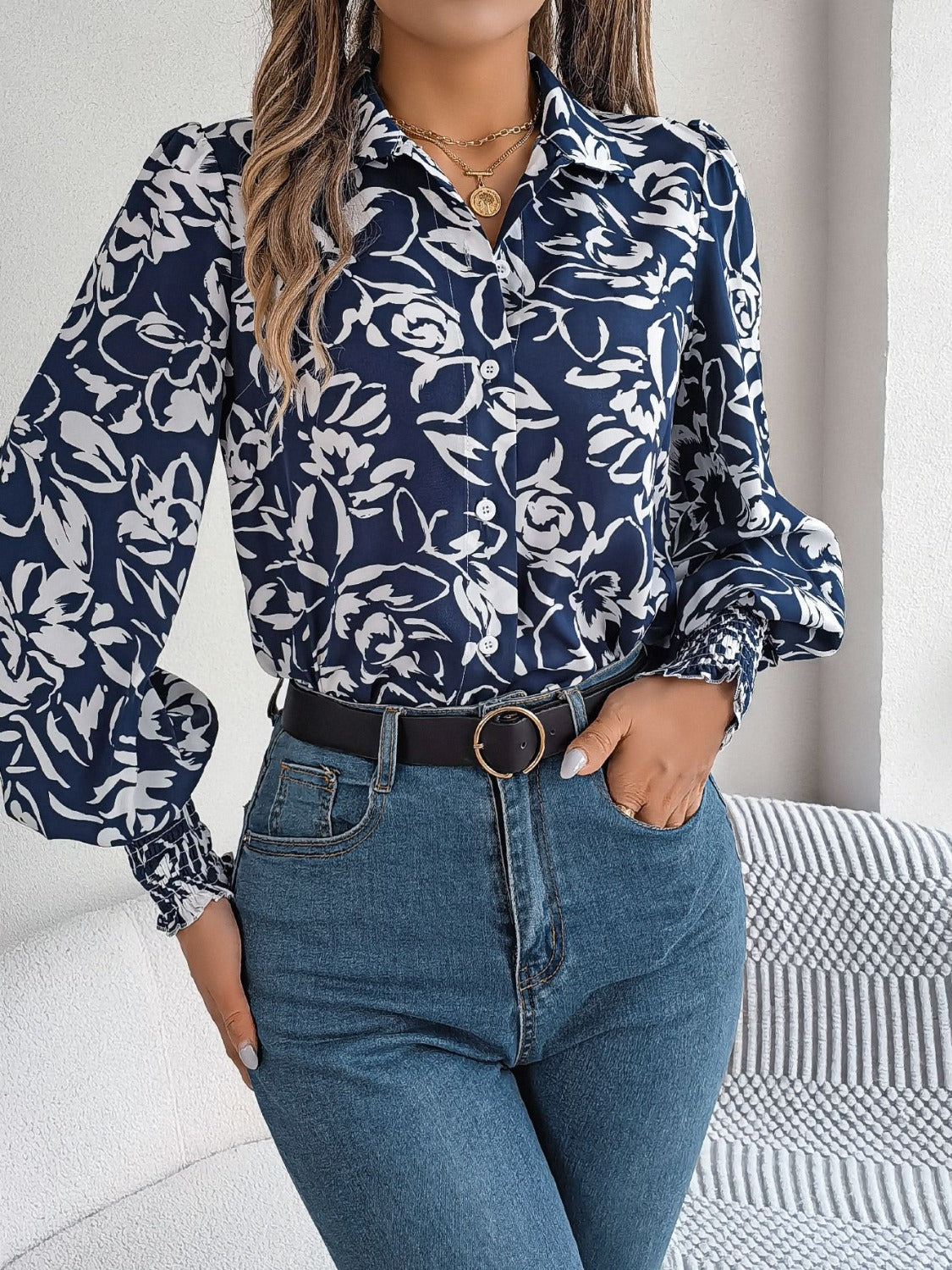 Printed Collared Neck Lantern Sleeve Shirt - RebelReine Apparel & Co.