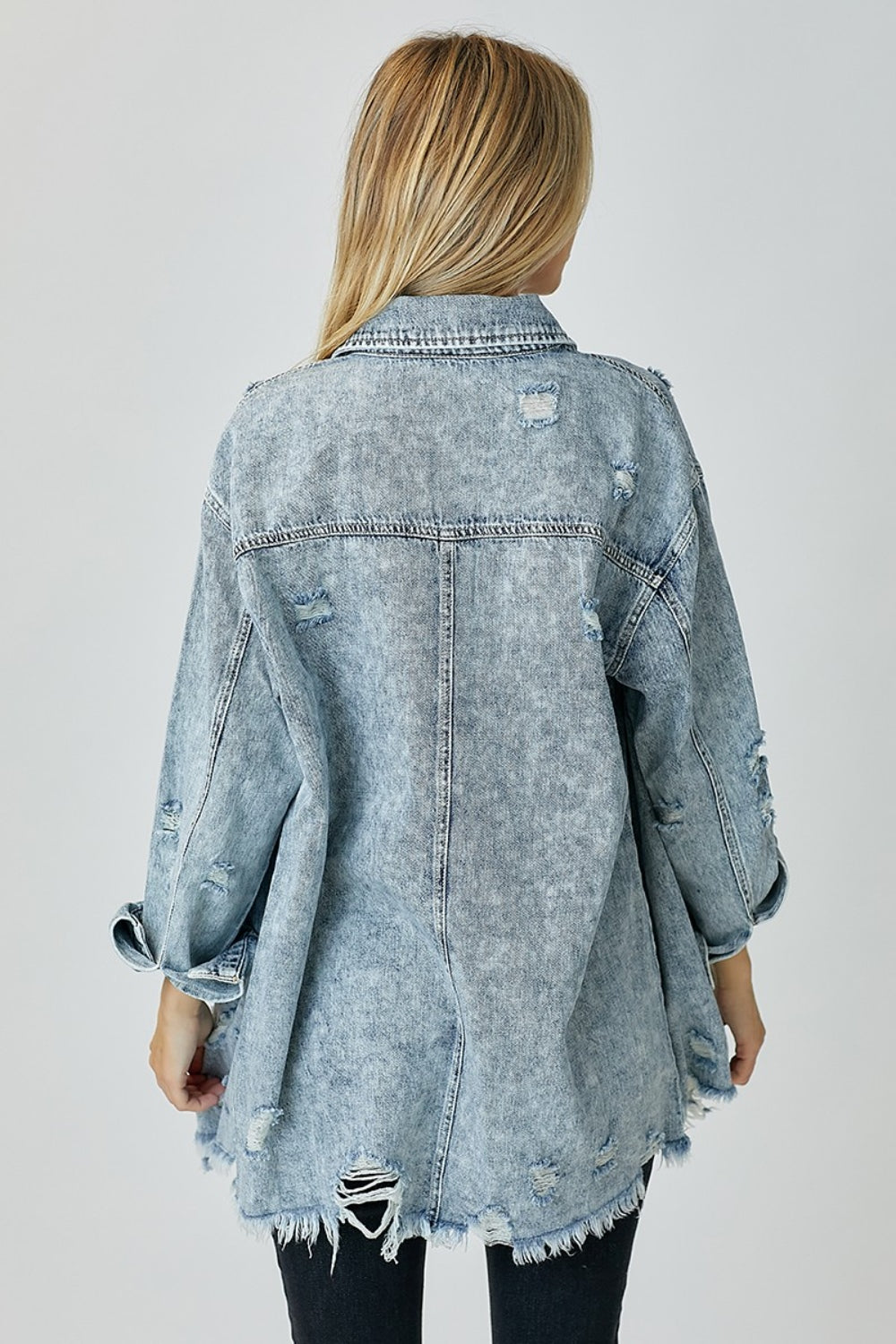 RISEN Distressed Raw Hem Denim Shirt - RebelReine Apparel & Co.