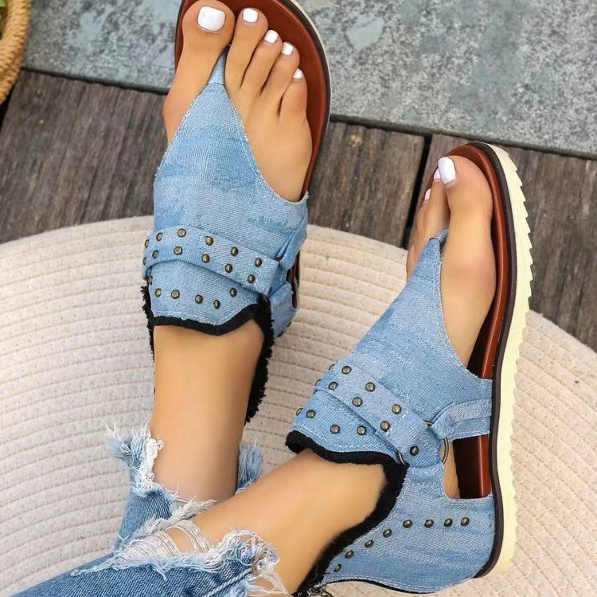 Studded Raw Hem Flat Sandals - RebelReine Apparel & Co.