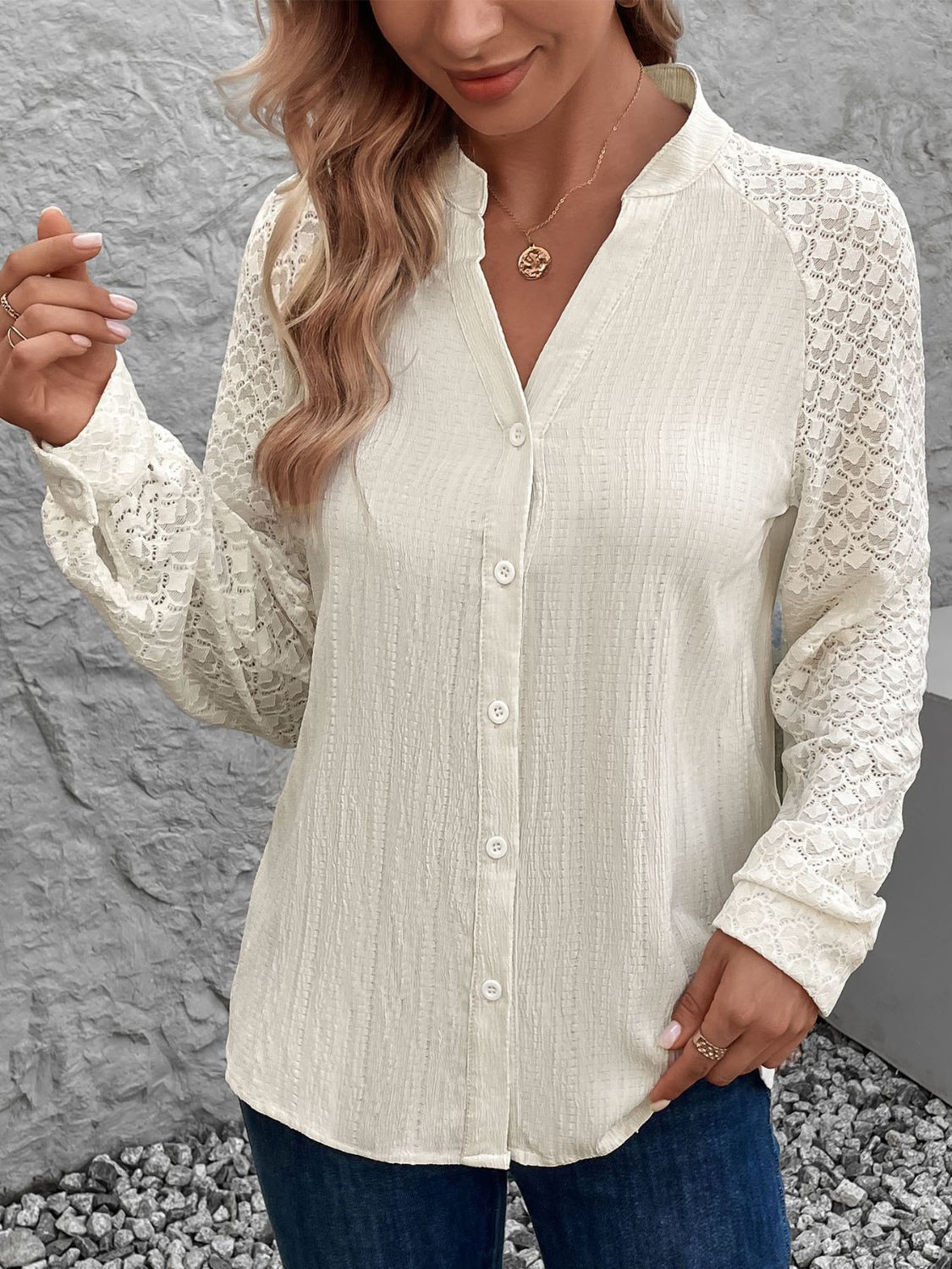 Textured Notched Long Sleeve Shirt - RebelReine Apparel & Co.