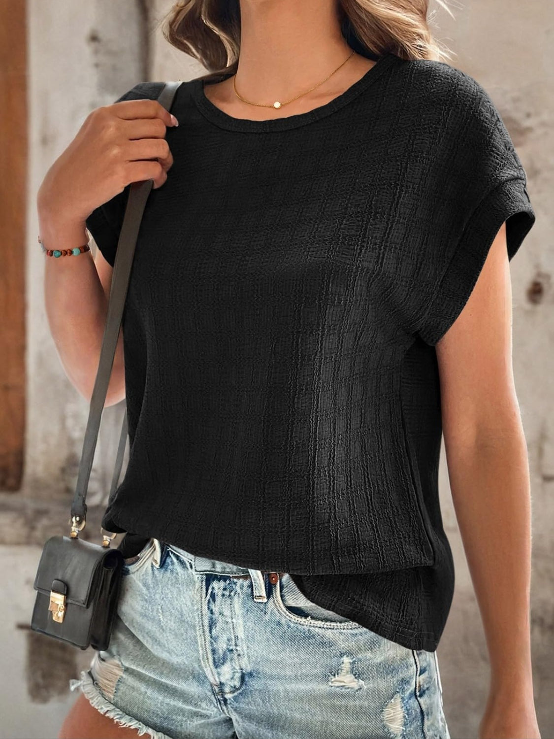 Textured Round Neck Short Sleeve Top - RebelReine Apparel & Co.