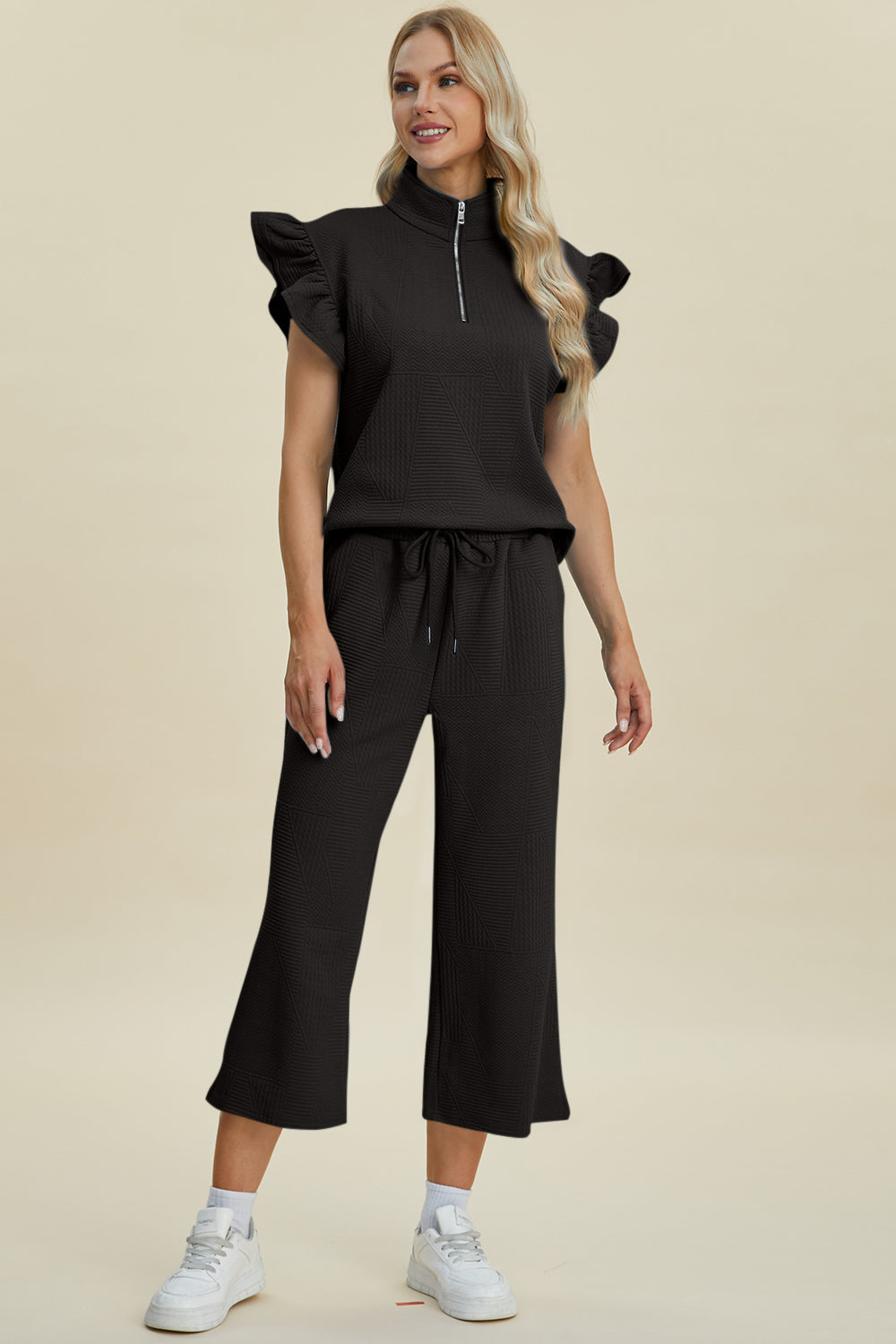 Double Take Full Size Texture Ruffle Short Sleeve Top and Wide Leg Pants Set - RebelReine Apparel & Co.