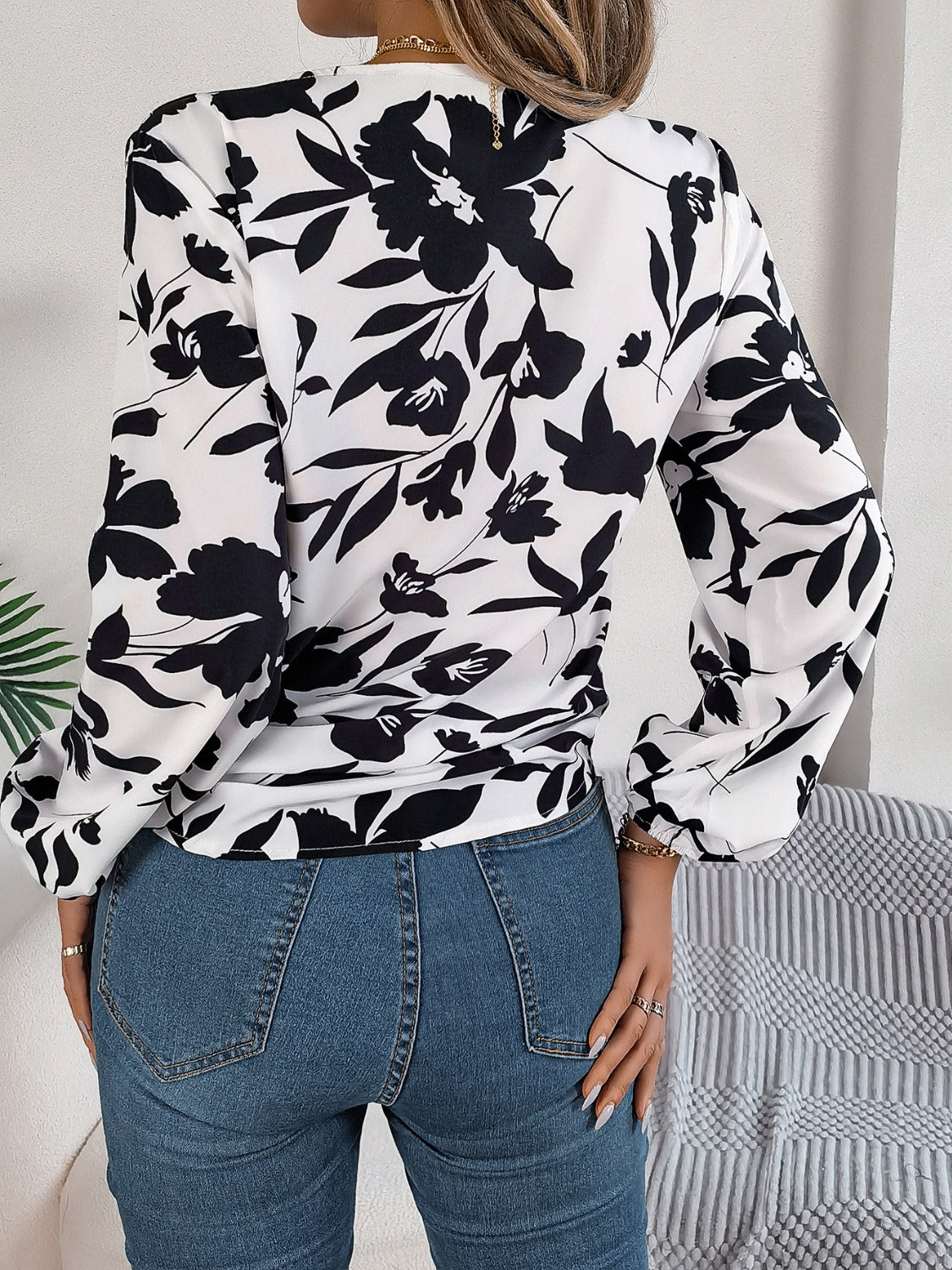 Printed V-Neck Long Sleeve Blouse - RebelReine Apparel & Co.