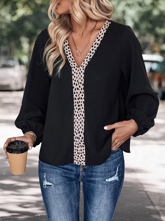 Contrast V-Neck Long Sleeve Blouse - RebelReine Apparel & Co.