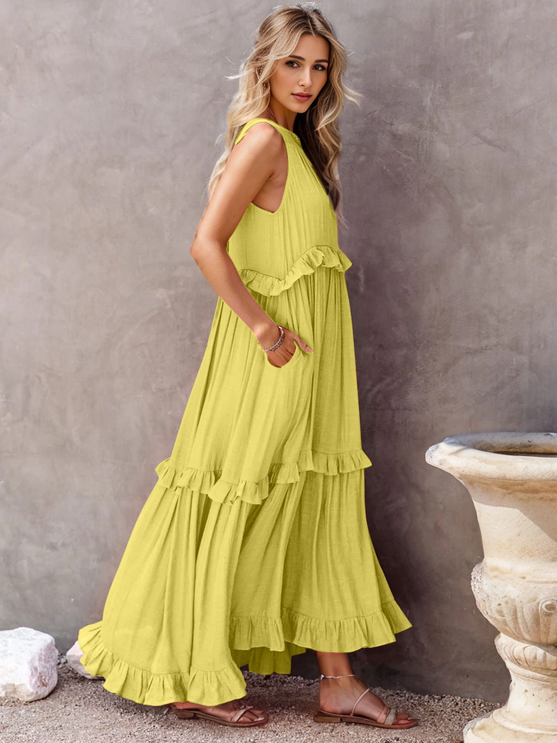 Ruffled Sleeveless Tiered Maxi Dress with Pockets - RebelReine Apparel & Co.