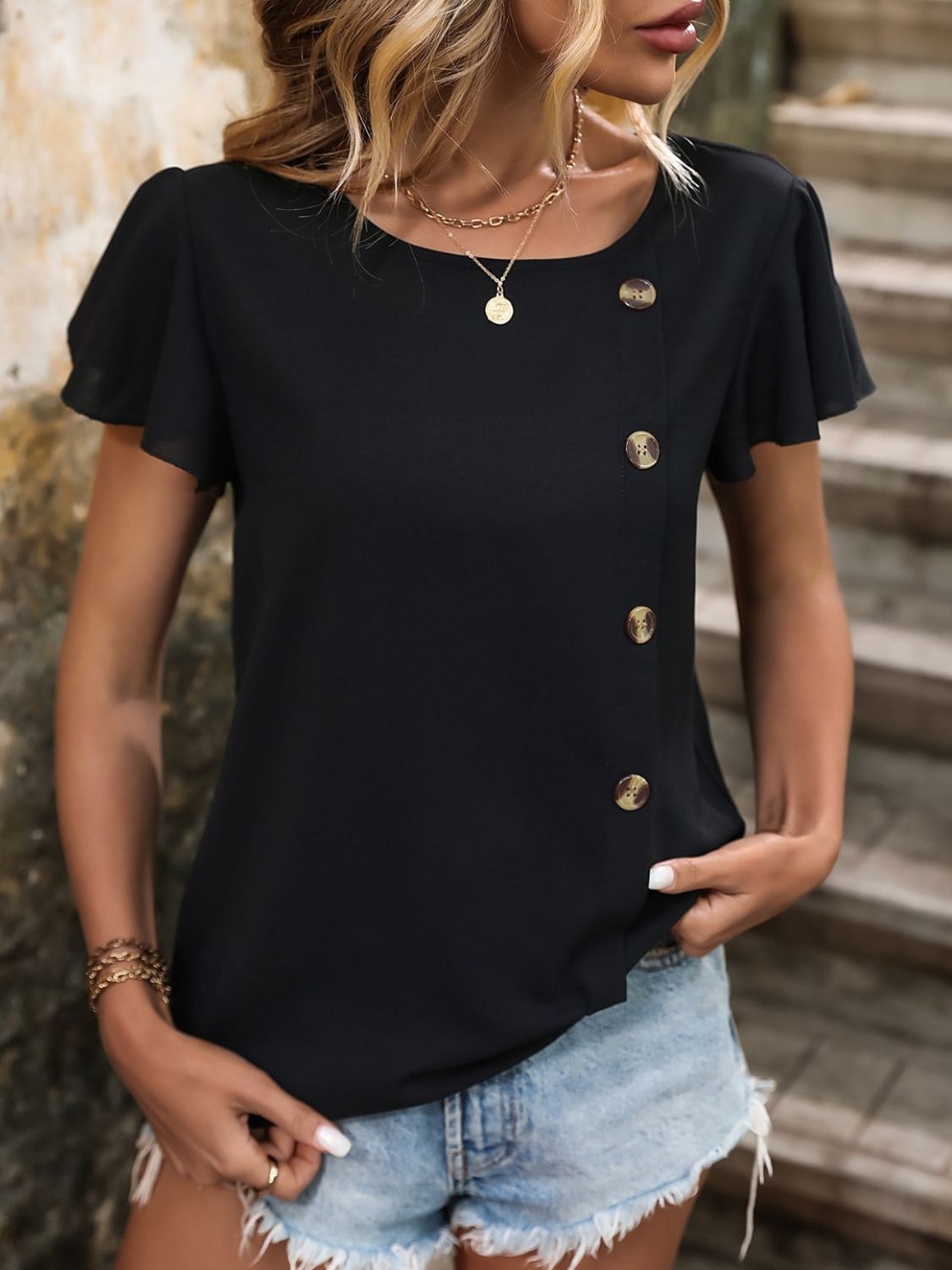 Decorative Button Round Neck Short Sleeve Blouse - RebelReine Apparel & Co.