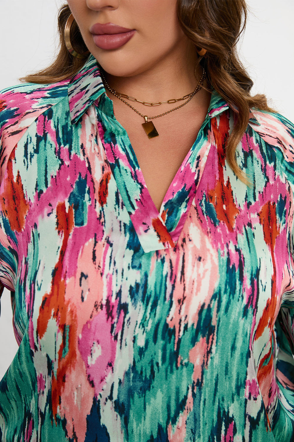 Plus Size Printed Johnny Collar Long Sleeve Blouse - RebelReine Apparel & Co.