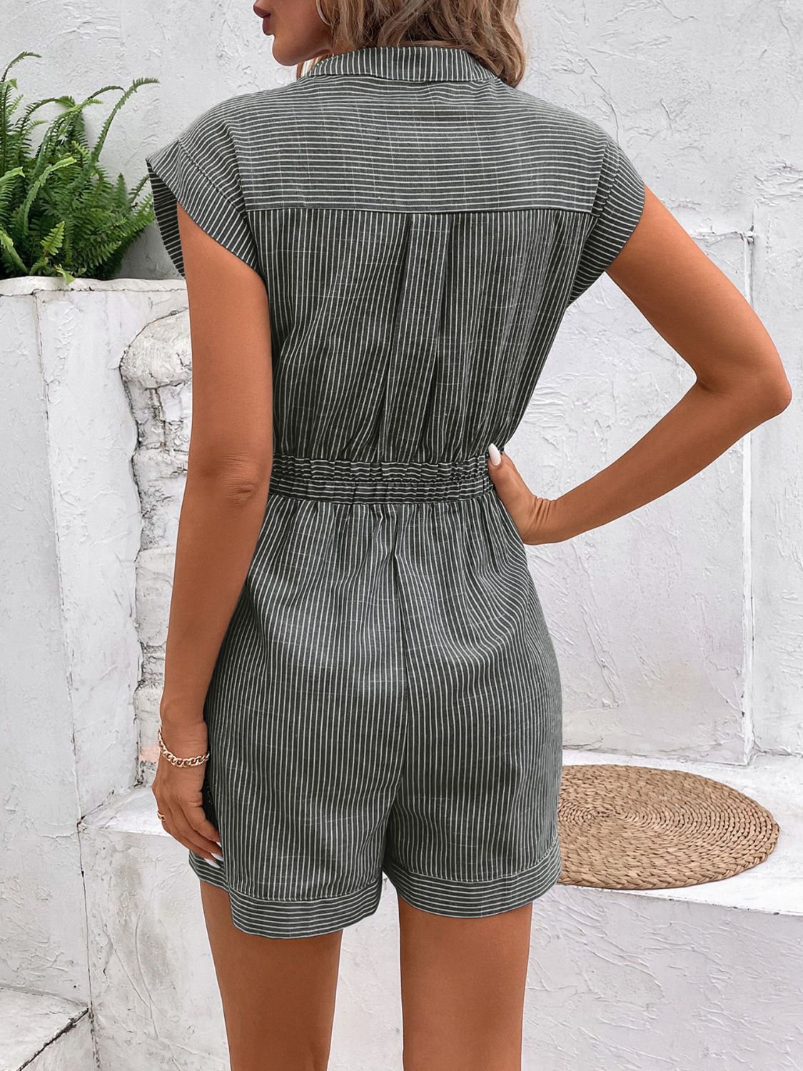 Striped Notched Tie Waist Romper - RebelReine Apparel & Co.