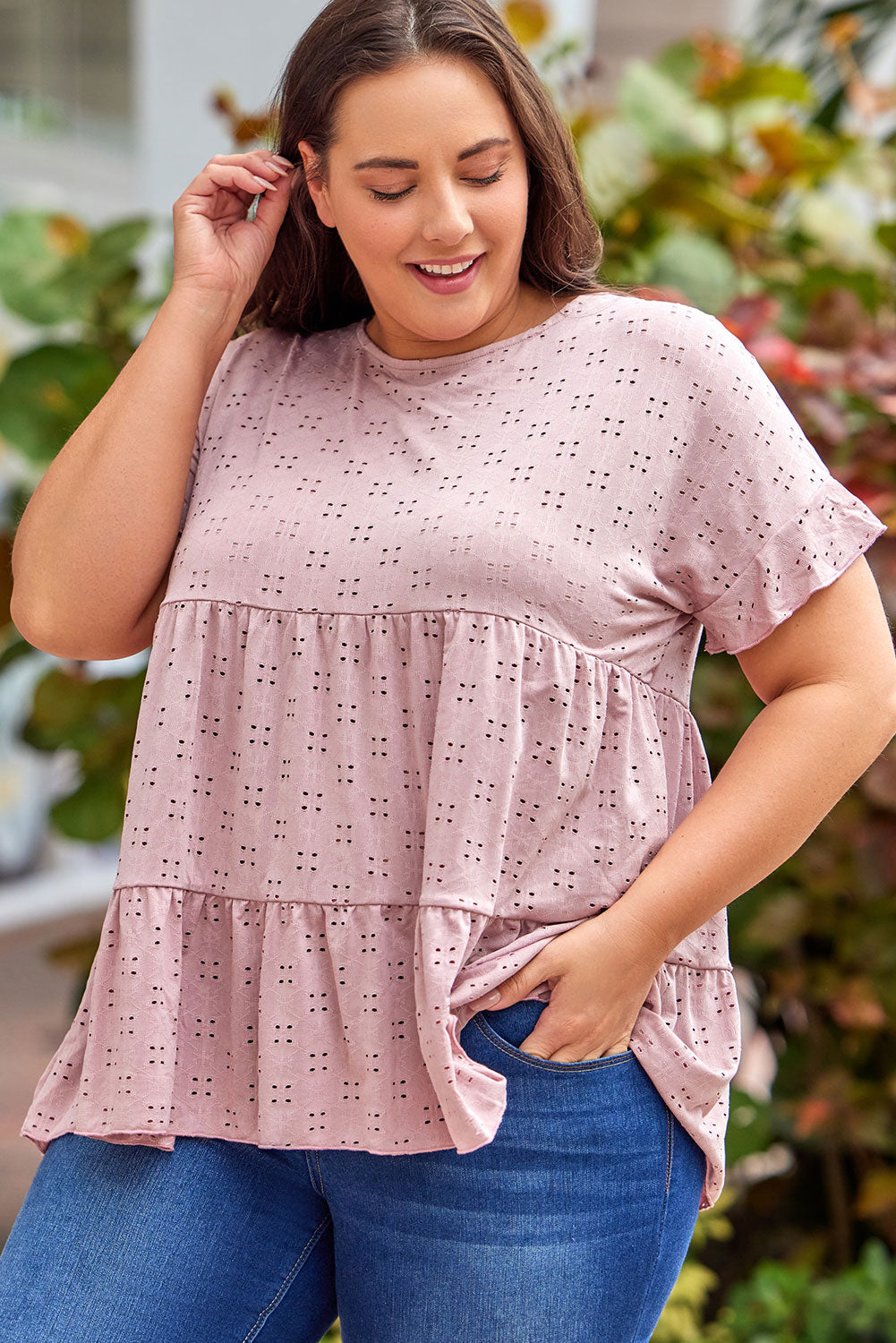 Plus Size Eyelet Round Neck Short Sleeve Blouse - RebelReine Apparel & Co.