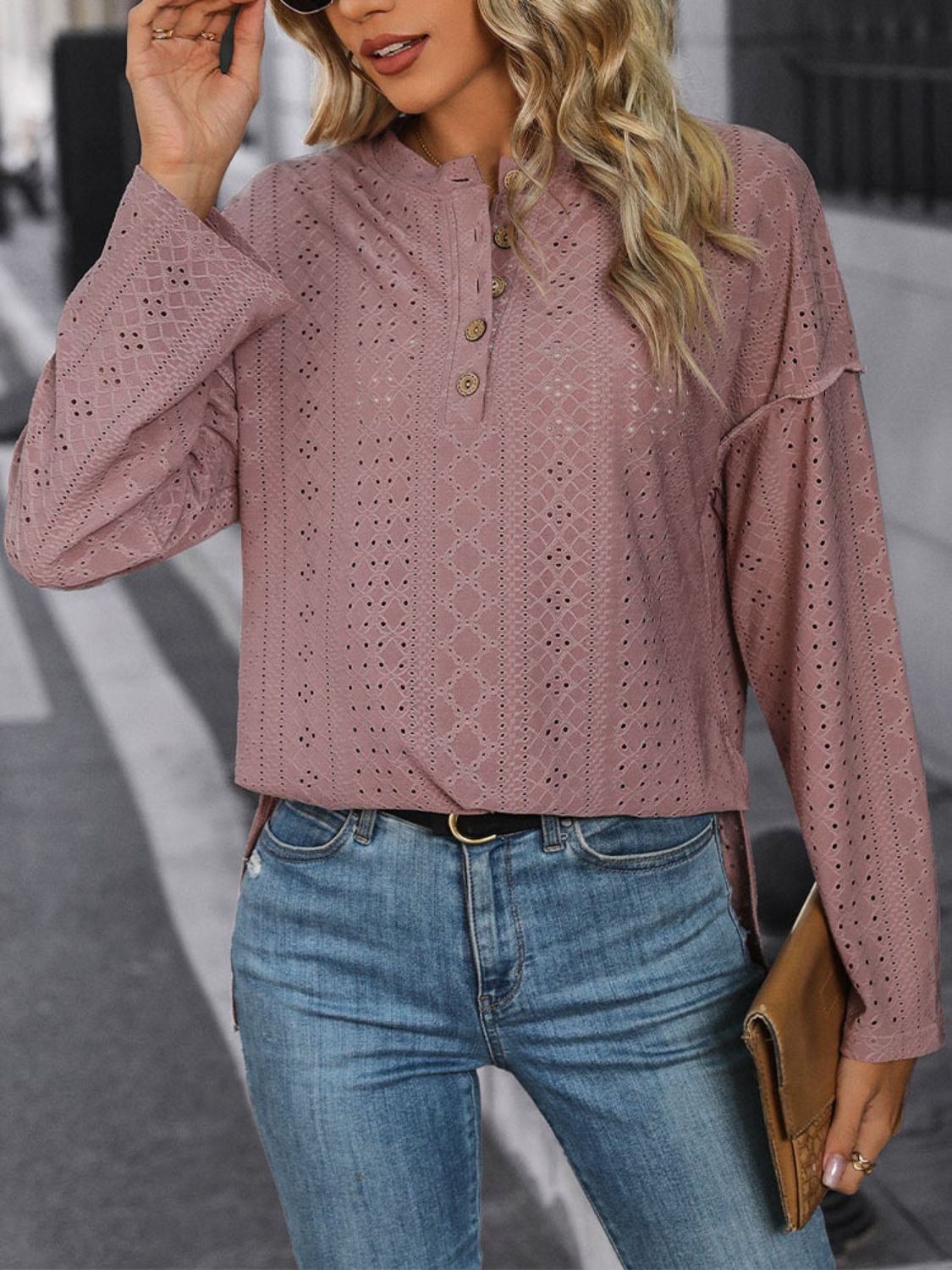 Eyelet Round Neck Long Sleeve Top - RebelReine Apparel & Co.