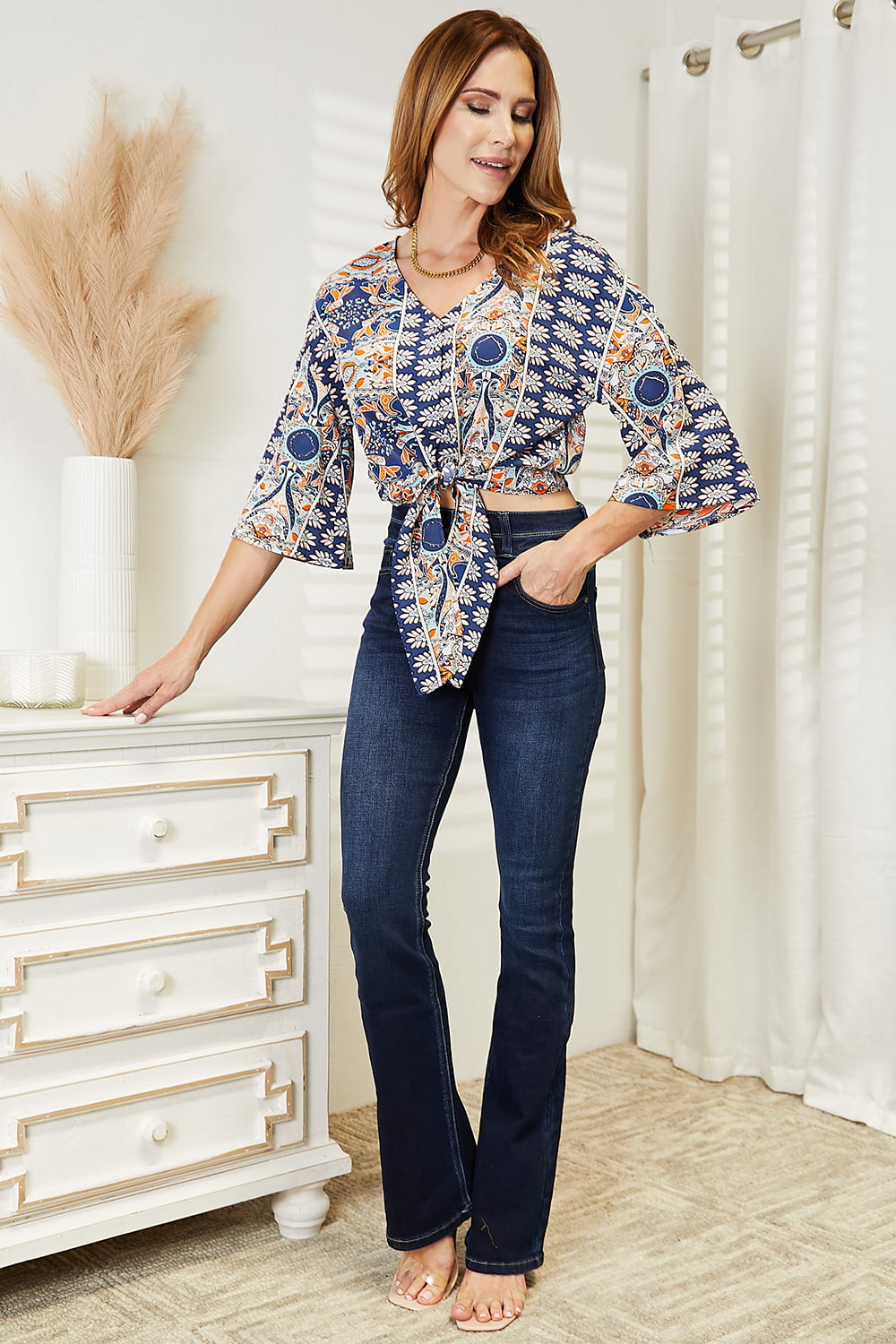 Tie Hem V-Neck Three-Quarter Sleeve Blouse - RebelReine Apparel & Co.