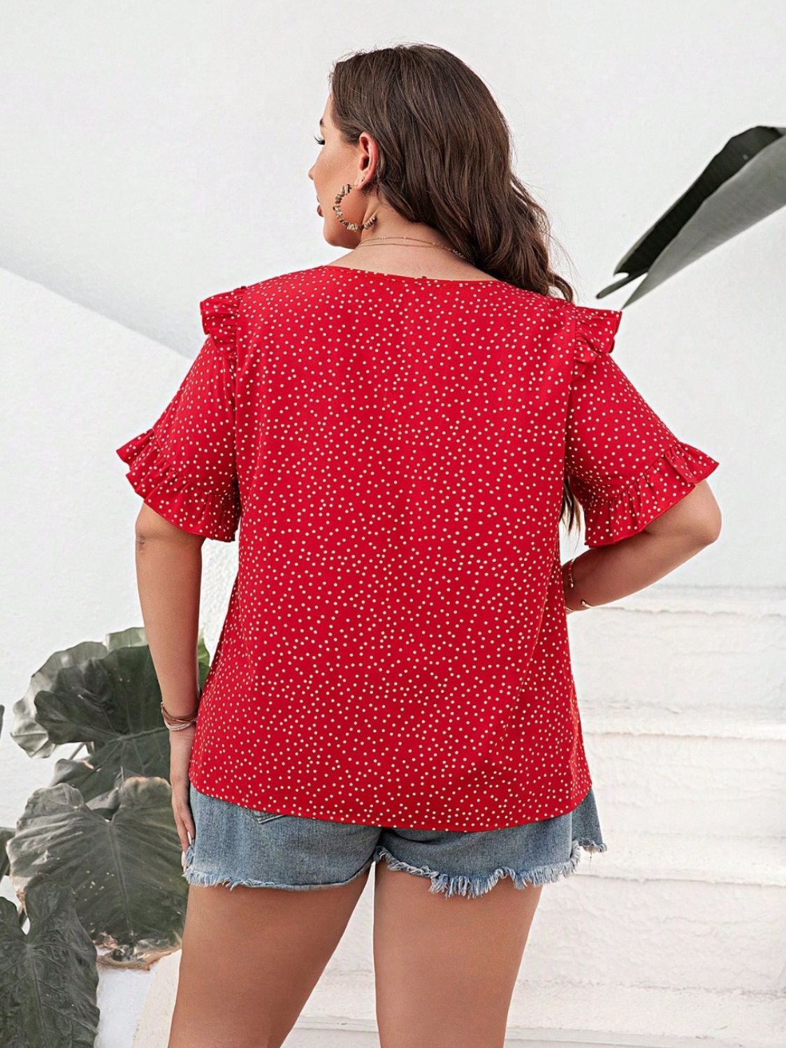 Plus Size Polka Dot Notched Flounce Sleeve Blouse - RebelReine Apparel & Co.