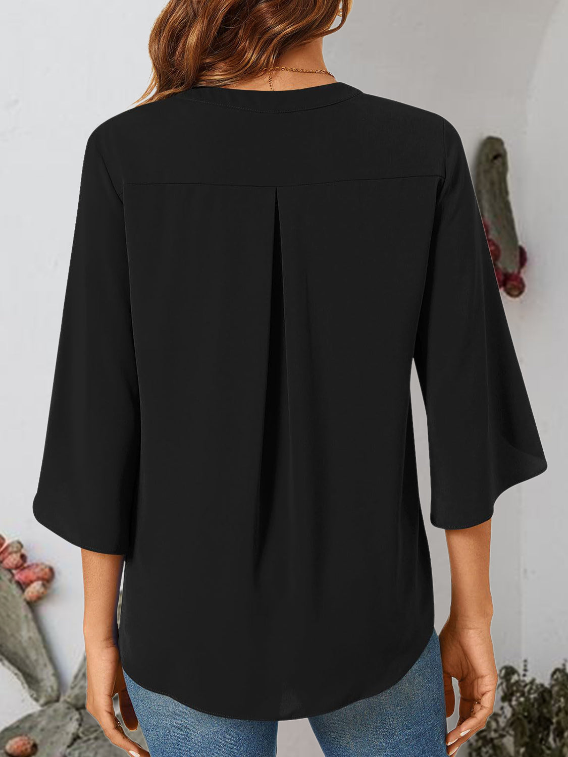 Notched Slit Half Sleeve Blouse - RebelReine Apparel & Co.