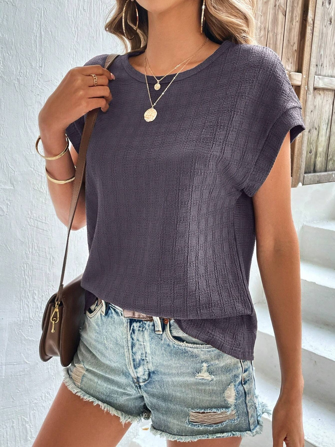 Textured Round Neck Short Sleeve Top - RebelReine Apparel & Co.